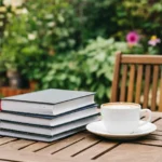 صورة تعكس أجواء القراءة الحديثة مع طاولة خشبية، كوب من القهوة، وكتب تطوير الذات، لتجربة استرخاء وتعليم مثالية.