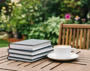 صورة تعكس أجواء القراءة الحديثة مع طاولة خشبية، كوب من القهوة، وكتب تطوير الذات، لتجربة استرخاء وتعليم مثالية.