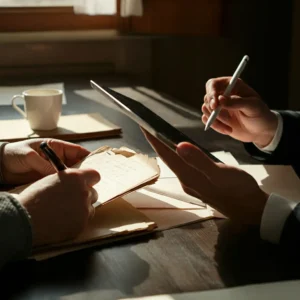 صورة توضح تعاونًا بين شخصين يستخدمان التكنولوجيا الحديثة مثل الأجهزة اللوحية والقلم الذكي جنبًا إلى جنب مع الكتابة التقليدية. تعكس الصورة فكرة تنظيم الوقت وتحقيق الإنتاجية من خلال الجمع بين الأساليب التقليدية والرقمية.