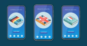 صورة توضح تصميم واجهة تطبيقات تعلم اللغات الشهيرة، مثل الإنجليزية، الألمانية، والفرنسية. تساعد هذه التطبيقات المستخدمين على تحسين مهاراتهم اللغوية بسهولة وفعالية.