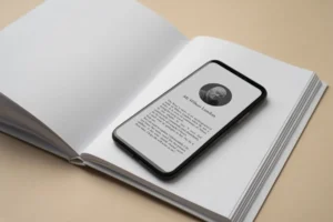صورة تعكس مفهوم القراءة الحديثة، حيث يظهر هاتف ذكي مفتوح على نص بجانب كتاب ورقي، مما يجمع بين الأساليب التقليدية والتكنولوجيا الحديثة لقراءة الكتب بسهولة.