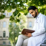 يظهر رجل طالب طب يرتدي معطفًا أبيض، في إحدى أفضل الدول لدراسة الطب في أوروبا. يجلس في مكان خارجي، ربما في حديقة أو ساحة جامعية، ويبدو منهمكًا في قراءة كتاب. تعبير وجهه يُظهر تركيزًا واهتمامًا، وهو يجلس تحت شجرة توفر له ظلًا خفيفًا، مما يضيف للصورة لمسة من الهدوء والطبيعة.