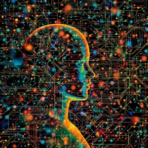 صورة تجسد مفهوم عصر، حيث يظهر وجه بشري متداخل مع لوحات إلكترونية وأضواء متوهجة. تمثل الصورة التفاعل بين الذكاء البشري والتكنولوجيا الحديثة من خلال دمج العناصر البصرية التي تعبر عن البيانات والشبكات العصبية.