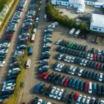 صورة جوية لموقف سيارات كبير يعرض مجموعة متنوعة من السيارات المتوقفة بشكل منظم بجانب منشآت صناعية، مما يعكس التنظيم والاستخدام الفعّال للمساحات.