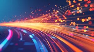 صورة فنية تعكس فكرة الإنترنت السريع باستخدام الألياف الضوئية، حيث تظهر خطوط مضيئة تمثل السرعة العالية لنقل البيانات. التصميم يعكس الابتكار والتكنولوجيا الحديثة في مجال الاتصال الرقمي و شركات الامن السيبراني.