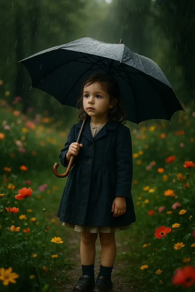 صورة واقعية سينمائية لطفلة صغيرة تقف وسط حديقة مليئة بالأزهار وهي تمسك بمظلة سوداء تحميها من زخات المطر. ترتدي الطفلة معطفًا داكنًا، وتبدو ملامحها بريئة ومتأملة وسط الأجواء الهادئة. يحيط بها مزيج من الأزهار الملونة على جانبي الطريق الطيني، بينما تتساقط قطرات المطر بهدوء، ما يُضفي على المشهد طابعًا شاعريًا يجمع بين البراءة والجمال الطبيعي.