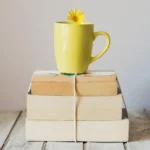 صورة إبداعية تُظهر مجموعة من الكتب القديمة المكدسة ومربوطة بخيط أبيض، مع كوب أصفر مزين بزهرة صغيرة موضوع فوقها. تعكس الصورة الجو الدافئ والهادئ لعشاق القراءة، حيث يرمز الكوب إلى الراحة والاستمتاع بتجربة الأدب. الكتب المتراكمة تشير إلى الروايات العربية الكلاسيكية التي تركت بصمة في عالم الأدب.