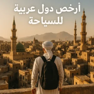 صورة تعبيرية لرجل يرتدي زياً عربياً تقليدياً ويحمل حقيبة ظهر، يقف على شرفة مرتفعة تطل على مدينة عربية قديمة تعج بالمآذن والمباني التراثية عند الغروب. تجسد الصورة فكرة السفر الاقتصادي واكتشاف الجمال العربي الأصيل بأسعار مناسبة، وتُعبر عن الوجهات السياحية الأرخص في العالم العربي.