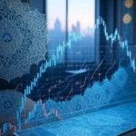 مشهد رقمي يجمع بين الرسوم البيانية للأسواق المالية والزخرفة الإسلامية، في إشارة بصرية إلى مفهوم الاستثمار الحلال الذي يوازن بين العائد المالي والضوابط الشرعية.