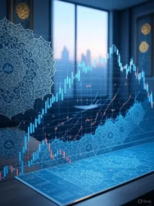 مشهد رقمي يجمع بين الرسوم البيانية للأسواق المالية والزخرفة الإسلامية، في إشارة بصرية إلى مفهوم الاستثمار الحلال الذي يوازن بين العائد المالي والضوابط الشرعية.