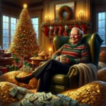 مشهد فني واقعي بأسلوب اللوحات الكلاسيكية يُظهر وارن بافت، أحد أشهر المستثمرين في العالم، جالسًا على كرسي مريح داخل غرفة دافئة مزينة لعيد الميلاد. يظهر مبتسمًا وهو يحمل كوبًا في يده، محاطًا بأكياس من العملات الذهبية ورزم من الدولارات، بينما تزين الهدايا وشجرة الكريسماس الخلفية، في مزيج ساخر بين الأجواء الاحتفالية والثراء الفاحش.