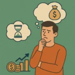 رسم تعبيري لرجل يفكر بقلق، تحيط به رموز مثل كيس نقود وساعة رملية ومخطط أرباح، تعكس صراعه بين الوقت والمال. الصورة تمثل الحيرة والتردد الذي يشعر به كثيرون عند تأجيل القرارات المالية المهمة، خاصة عند البدء المتأخر في الاستثمار أو الادخار.