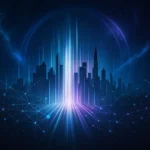 صورة رقمية مستقبلية تُجسّد مدينة ذكية متوهجة في عمق الليل، محاطة بشبكات مترابطة من النقاط والخطوط التي ترمز إلى الاتصال الرقمي. تتصاعد خطوط ضوئية لامعة من قلب المدينة نحو السماء، مما يعكس روح التقدم والتكنولوجيا. يرمز المشهد إلى ثورة رقمية واقتصادية قادمة، تفتح آفاقًا جديدة للاستثمار في الذكاء الاصطناعي، والواقع الافتراضي، والبنية التحتية الرقمية.
