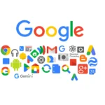 صورة توضيحية تضم مجموعة من أبرز شعارات الخدمات والمنصات التي تقدمها شركة Google. تشمل هذه الخدمات متصفح كروم، نظام أندرويد، بريد Gmail، الخرائط، صور Google، Google Drive، YouTube، الترجمة، والتقويم، بالإضافة إلى خدمات متقدمة مثل الحوسبة الكمومية (Quantum Computing) ومساعد Gemini. توضح الصورة تنوع المجالات التي تغطيها Google، من البحث والتعليم إلى الذكاء الاصطناعي والاتصال والترفيه.