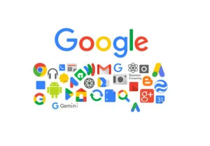 صورة توضيحية تضم مجموعة من أبرز شعارات الخدمات والمنصات التي تقدمها شركة Google. تشمل هذه الخدمات متصفح كروم، نظام أندرويد، بريد Gmail، الخرائط، صور Google، Google Drive، YouTube، الترجمة، والتقويم، بالإضافة إلى خدمات متقدمة مثل الحوسبة الكمومية (Quantum Computing) ومساعد Gemini. توضح الصورة تنوع المجالات التي تغطيها Google، من البحث والتعليم إلى الذكاء الاصطناعي والاتصال والترفيه.