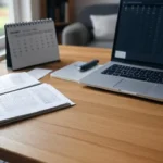 صورة لمكتب يضم جهاز كمبيوتر يعرض جداول مالية، إلى جانب دفتر يوميات وأوراق عمل منظمة، مع قلم وتقويم مفتوح. تعكس الصورة بيئة عمل مركزة على التخطيط المالي، حيث تبرز أهمية اتباع خطوات منهجية لإنشاء نظام مالي آلي يساعد على تتبع الدخل والمصروفات وتعزيز الادخار لتحقيق الاستقلال المالي.