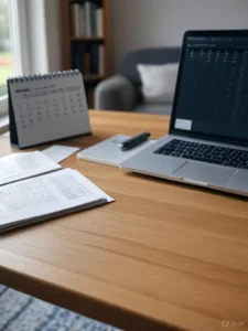 صورة لمكتب يضم جهاز كمبيوتر يعرض جداول مالية، إلى جانب دفتر يوميات وأوراق عمل منظمة، مع قلم وتقويم مفتوح. تعكس الصورة بيئة عمل مركزة على التخطيط المالي، حيث تبرز أهمية اتباع خطوات منهجية لإنشاء نظام مالي آلي يساعد على تتبع الدخل والمصروفات وتعزيز الادخار لتحقيق الاستقلال المالي.