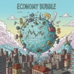 رسم كاريكاتوري تعبيري يصور فقاعة ضخمة تطفو فوق مدينة مكتظة، تتضمن رموزًا مالية وتكنولوجية متنوعة مثل العملات، الأسهم، العقارات، الآلات، والنفط، وكلها موصولة بالفقاعة. يتوسط الفقاعة مخطط بياني متذبذب يعكس تقلب الأسواق. المشهد يوحي بخطورة تضخم الأصول وانفصال الاقتصاد عن الواقع، مما يُشير إلى هشاشة النظام المالي في ظل الاعتماد المفرط على الدين والمضاربة.