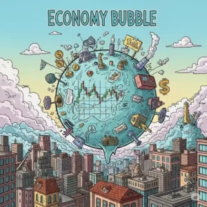 رسم كاريكاتوري تعبيري يصور فقاعة ضخمة تطفو فوق مدينة مكتظة، تتضمن رموزًا مالية وتكنولوجية متنوعة مثل العملات، الأسهم، العقارات، الآلات، والنفط، وكلها موصولة بالفقاعة. يتوسط الفقاعة مخطط بياني متذبذب يعكس تقلب الأسواق. المشهد يوحي بخطورة تضخم الأصول وانفصال الاقتصاد عن الواقع، مما يُشير إلى هشاشة النظام المالي في ظل الاعتماد المفرط على الدين والمضاربة.