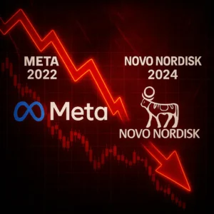تصميم بصري قاتم يعرض سهمًا أحمرًا حادًا يشير إلى الهبوط، يمر عبر شعاري شركتي Meta وNovo Nordisk. توضح الصورة مقارنة بصرية بين هبوط Meta عام 2022 وهبوط Novo Nordisk المتوقع أو الجاري في 2024، مما يعكس تقلبات السوق الحادة حتى في أكبر الشركات. الخلفية الحمراء الداكنة تعزز الإحساس بالخطر والانحدار السعري الكبير.