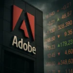 واجهة مبنى تحمل شعار Adobe باللون الأحمر والأبيض، يظهر بجانبها انعكاس شاشة تعرض مؤشرات سوق الأسهم مع أرقام خضراء وحمراء تشير إلى صعود وهبوط الأسعار. الأجواء الداكنة والغيوم في الخلفية تضفي طابعًا دراميًا يعكس حالة القلق التي يعيشها المستثمرون رغم مكانة الشركة القوية في قطاع البرمجيات والإبداع الرقمي.