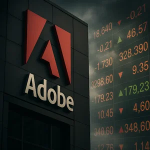 واجهة مبنى تحمل شعار Adobe باللون الأحمر والأبيض، يظهر بجانبها انعكاس شاشة تعرض مؤشرات سوق الأسهم مع أرقام خضراء وحمراء تشير إلى صعود وهبوط الأسعار. الأجواء الداكنة والغيوم في الخلفية تضفي طابعًا دراميًا يعكس حالة القلق التي يعيشها المستثمرون رغم مكانة الشركة القوية في قطاع البرمجيات والإبداع الرقمي.