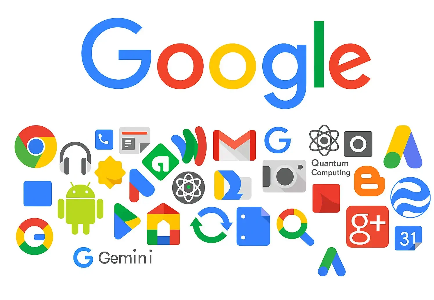 صورة توضيحية تضم مجموعة من أبرز شعارات الخدمات والمنصات التي تقدمها شركة Google. تشمل هذه الخدمات متصفح كروم، نظام أندرويد، بريد Gmail، الخرائط، صور Google، Google Drive، YouTube، الترجمة، والتقويم، بالإضافة إلى خدمات متقدمة مثل الحوسبة الكمومية (Quantum Computing) ومساعد Gemini. توضح الصورة تنوع المجالات التي تغطيها Google، من البحث والتعليم إلى الذكاء الاصطناعي والاتصال والترفيه.